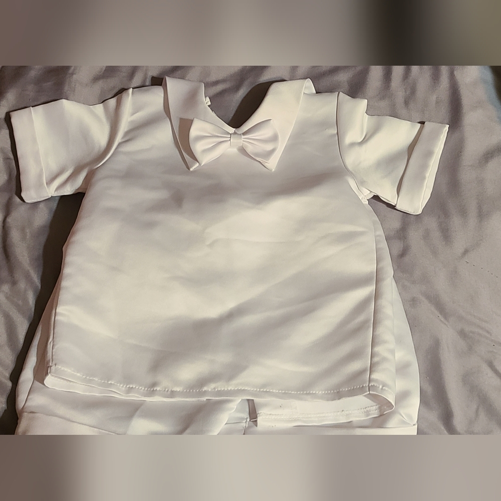Baptism Suit White Short Sleeve Shirt with Bow Tie Matching Shorts